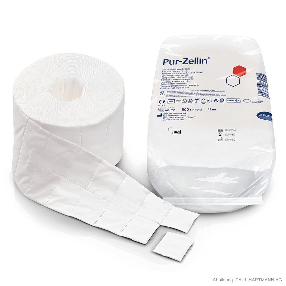 Pur-Zellin Zellstofftupfer, steril, 4x5cm, 1 Rolle à 500 Stk.