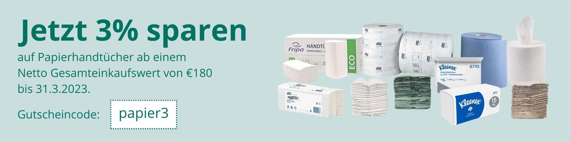 Jetzt 3% sparen auf Papierhandtücher. Gültig bis 31.3.2023 ab einem Netto Gesamteinkaufswert von €180. Gutscheincode: papier3