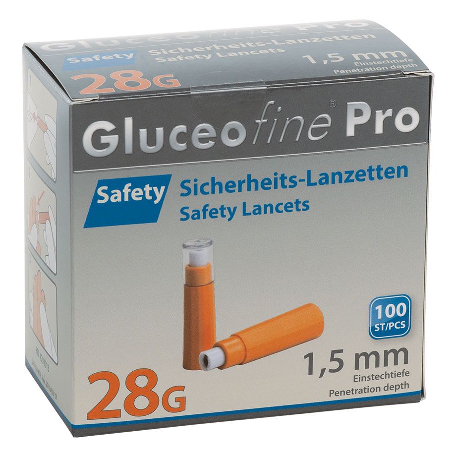 Gluceofine Pro Safety Sicherheitslanzetten 28G x 1,5mm, steril, 100 Stk.