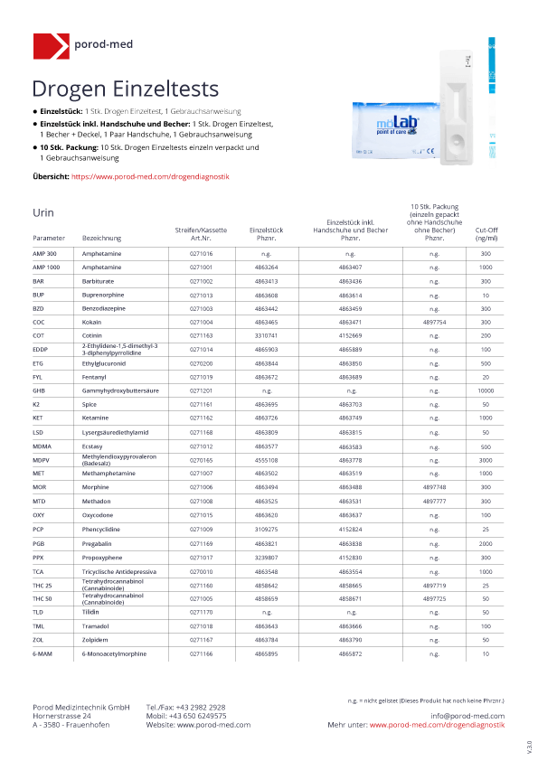 Drogen Diagnostik Einzeltests Übersichtstabelle